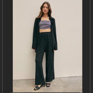 GLITTER COLLAR BUTTON DOWN CRINKLE BLOUSE PANTS SET